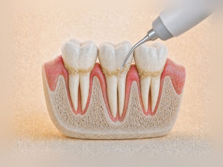 Illustration of an ultrasonic scaler removing tartar at the gumline