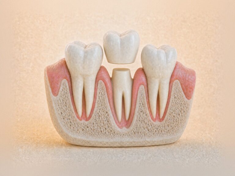 Illustration of a dental crown being placed over a prepared tooth