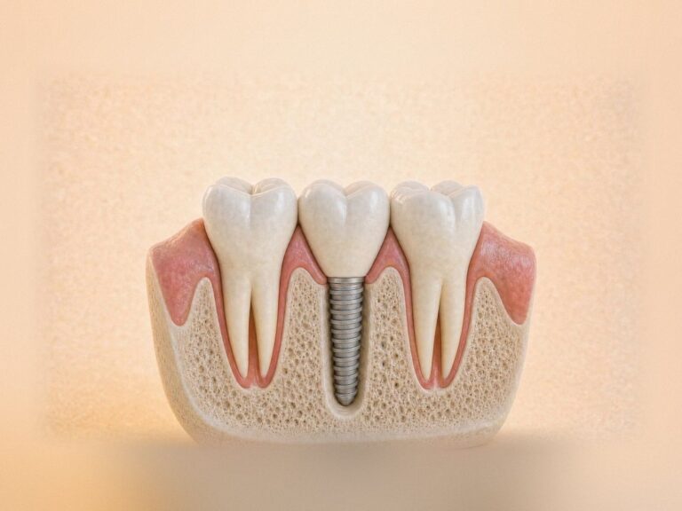 Illustration of a dental implant post in the jawbone between two natural teeth