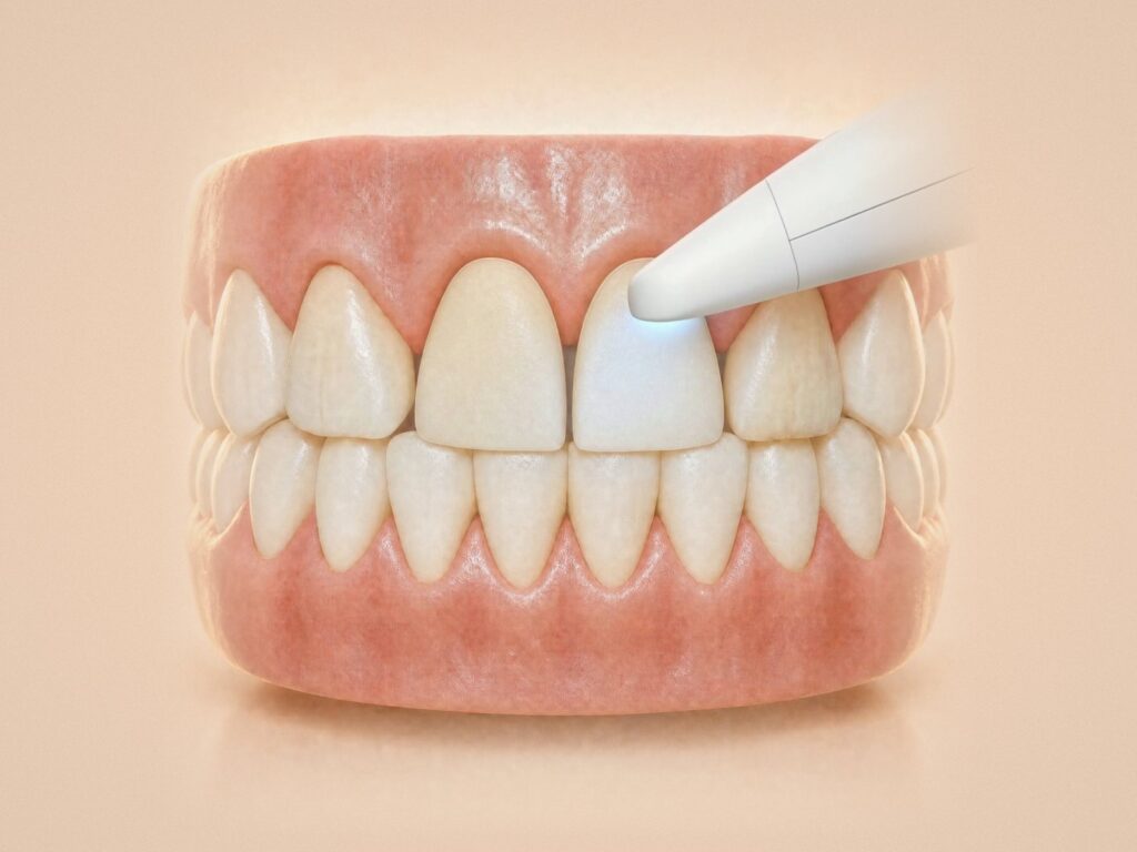 Illustration of a porcelain veneer being bonded with a curing light