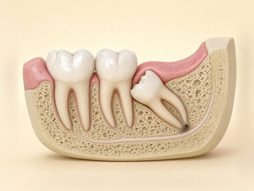 Illustration of an impacted wisdom tooth in the jawbone